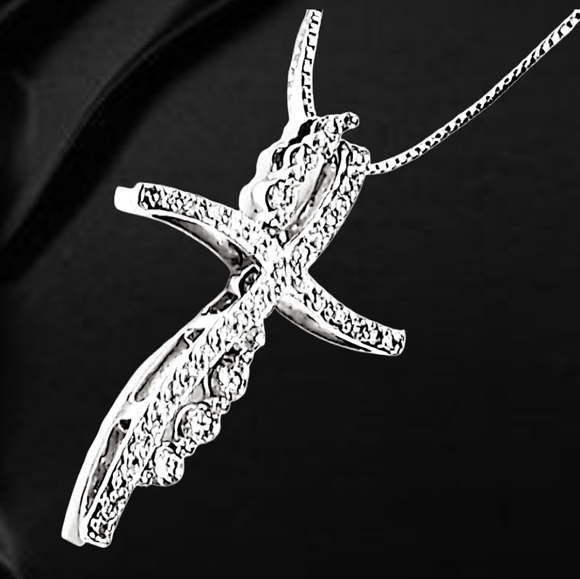 14K White Gold Convertible Cross Pendant with Natural Diamonds & Stud Earring